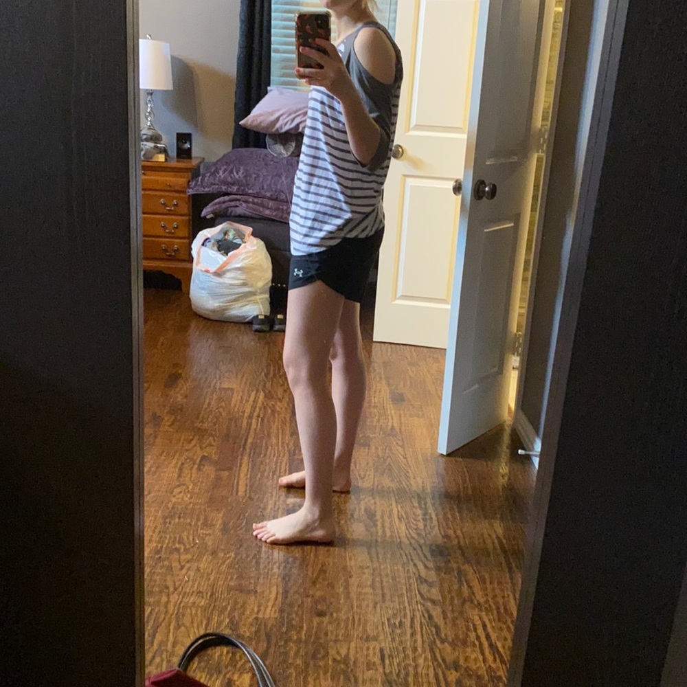 Striped mid sleeve tee with shoulder cut outs